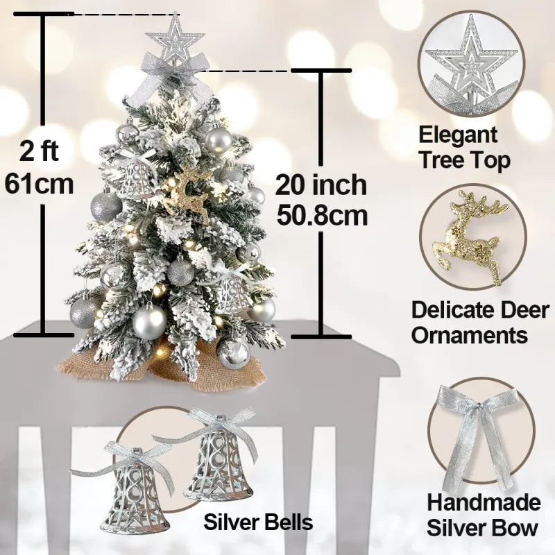 Festive Snow-Flocked Tabletop Christmas Tree with Lights (2FT)